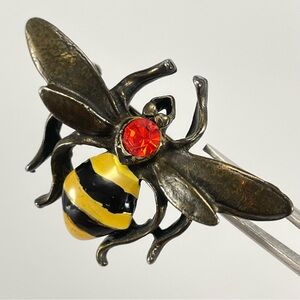 Vintage Yosca Silver Tone Yellow Black Enamel Red Rhinestone Bumblebee Brooch